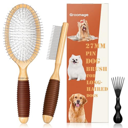 Dog Brush for Long Haired Dogs, 27mm Extra Long Metal Pin Dog Deshedding Brush and Comb Set, Short Haired Shedding Grooming Detail Pets Brush Set with Rubber Handle - color: Set-3 Pcs