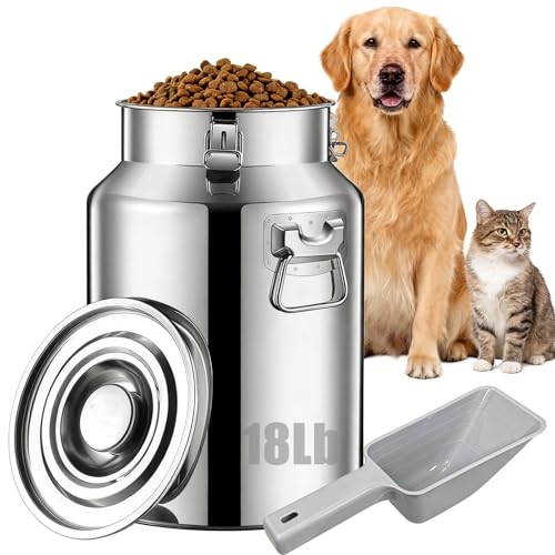 18 Lbs Stainless Steel Dog Food Storage Container with Scoop, Large Metal Dog Food Bin with Airtight Lid & Locking Clamp, Pet Food Container for Dogs & Cats, Keep Fresh, Easy to Clean - size: 18 Lbs