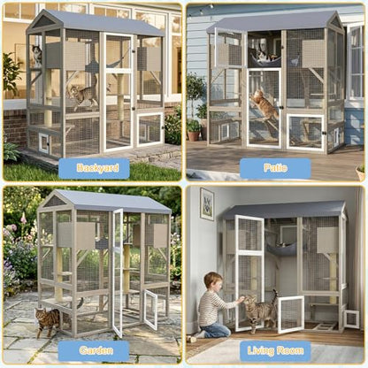 Ketive Catio Outdoor Cat Enclosure Large Walk-in Cat House with Gable Roof, Multi-Level Platforms, Cat Hammock & Litter Box Shelf, Elevated Wooden Cat Shelter for Multiple Cats - size: 61.5"L x 34"W x 66.54"H