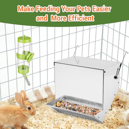 Rabbit Feeders Automatic for Cages,3.5 Pound Metal Trough Feeder with Water Bottle Galvanized Steel Outdoor Bunny Food Dispenser for Rabbits Chicken Guinea Pig Pet and Other Small Animals