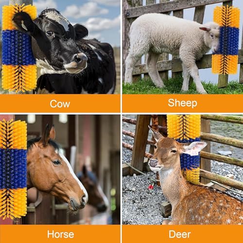 2/4-Pack Livestock Scratching Brush for Goats, Cattle, Horses & Sheep, Heavy Duty Goat Grooming Massage Brush Wall Mount with Screws for Farm Animals (Classic Blue Yellow, 4pack) - size: 4pack
