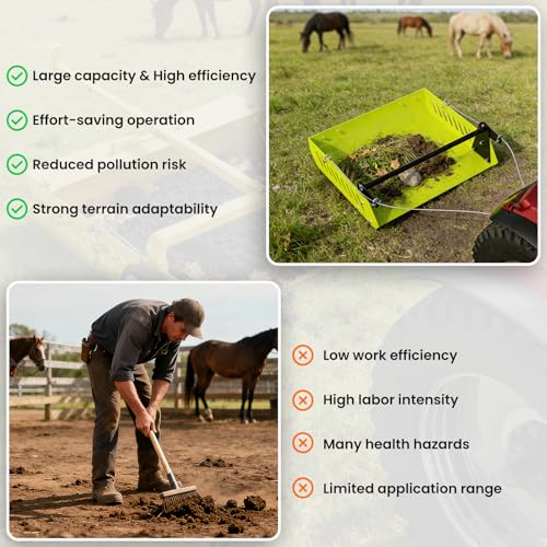 2-in-1 Mini Horse Paddock Cleaner with Tow-Behind Trailer, Heavy Duty Manure Fork & Scoop, Efficient Pasture Sweeper & Manure Collector for Easy Yard Cleanup