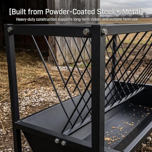 Pasture Hay Feeder 70 Gallon Heavy Duty Steel, 2-in-1 Livestock Feeder with Feed Pan, Black Powder Coated Large-Capacity Livestock Feeder for Sheep, Calf, Cow and Horse