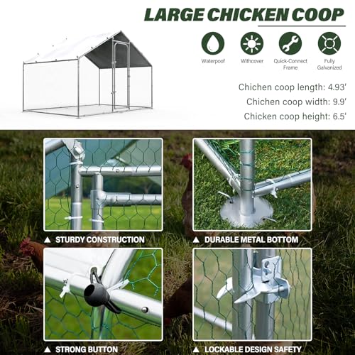 ORANLAND Large Metal Chicken Coop, 5.0x9.9x6.6ft Walk-in Chicken Runs with Cover, Spire Roof Chicken Pen with Security Lock, Outdoor Duck Rabbit Cage Poultry Pen for Backyard, Farm, Yard - size: 59.1"L x 119.0"W x 77.0"H