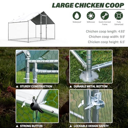 ORANLAND Large Metal Chicken Coop, 5.0x9.9x6.6ft Walk-in Chicken Runs with Cover, Spire Roof Chicken Pen with Security Lock, Outdoor Duck Rabbit Cage Poultry Pen for Backyard, Farm, Yard - size: 59.1"L x 119.0"W x 77.0"H