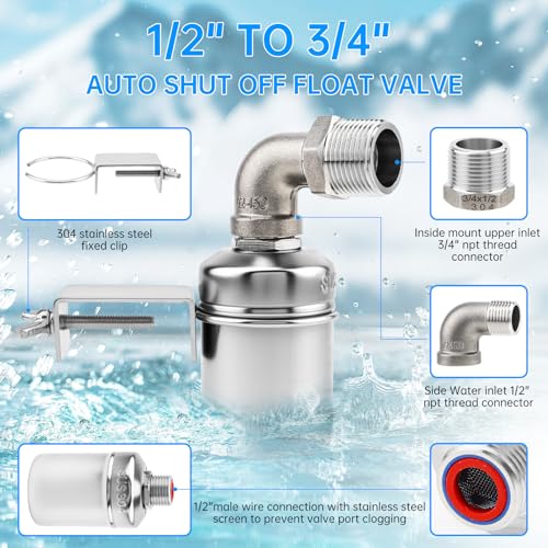 2 Pack Water Float Valve,1/2" to 3/4'' 1'' 304 Stainless Steel Fully Automatic Water Level Controller Float Valve