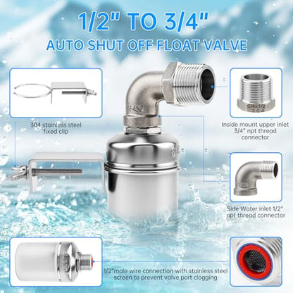 2 Pack Water Float Valve,1/2" to 3/4'' 1'' 304 Stainless Steel Fully Automatic Water Level Controller Float Valve