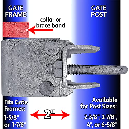 Chain Link Fence Bull Dog Commercial Duty Gate Hinge-for 6-5/8" Outside Diameter Gate Post/Pipe & 1-5/8 Thru 1-7/8" Gate Frames -Galvanized Chain Link Post Gate Hinge -Includes Nuts/Bolts - size: 6-5/8" Post - 1-5/8 & 1-7/8" Gate Frame