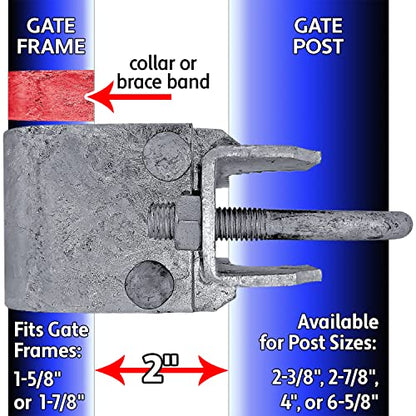 Chain Link Fence Bull Dog Commercial Duty Gate Hinge-for 6-5/8" Outside Diameter Gate Post/Pipe & 1-5/8 Thru 1-7/8" Gate Frames -Galvanized Chain Link Post Gate Hinge -Includes Nuts/Bolts - size: 6-5/8" Post - 1-5/8 & 1-7/8" Gate Frame