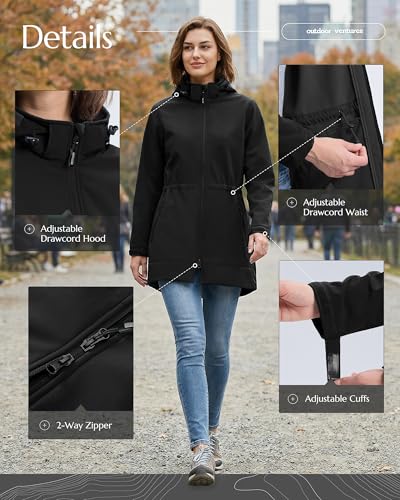 Outdoor Ventures Women's Softshell Jacket with Removable Hood Fleece Lined Windbreaker Insulated Long Warm Rain Jacket - color: Black, size: Small