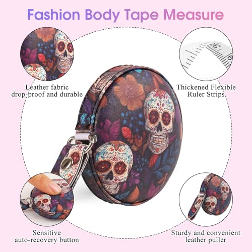 Retractable Mini Tape Measure, Auto-Retract, Premium Leather Tape Measure, Dual-Sided Ruler, Ideal for Fabric Cutting, Body Measurements, and Handicrafts (Candy Skull) - color: Candy Skull