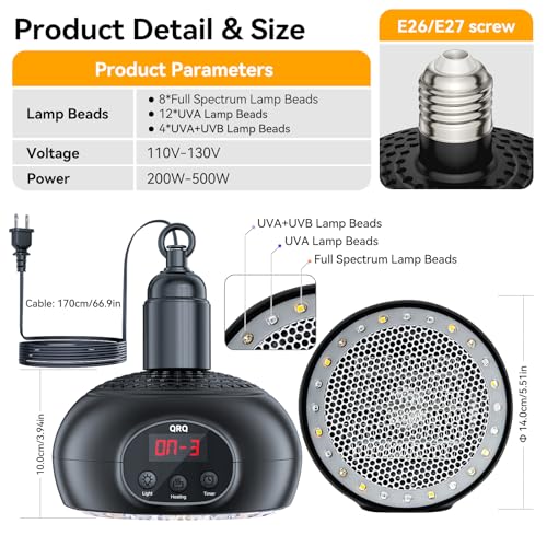 QRQ Chicken Coop Heater, 200W-350W-500W Reptile Heat Lamp with UVA UVB Dimmable Light 3-6-9-12H Timer, Chicken House Dog House Greenhouse Heater Outdoor,for Dog Cats Reptile Bird - color: Black