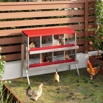 IDEALHOUSE Chicken Nesting Box, Galvanized Steel Laying Box with Rustproof & Roll-Away Egg Design, for Hens, Red 8 Compartment with Bracket - color: Red, size: 8 compartments (with bracket)