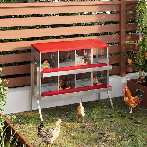 Chicken Nesting Box, 8 Holes Steel Chicken Nesting Boxes with Bracket Legs for Chicken Coop, Large Vented Holes Chicken Laying Boxes with Rollout Egg Collection, Easy Cleaning - color: Red, size: 8 Holes with Legs