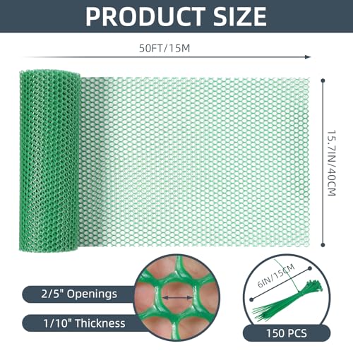 Plastic Wire Mesh Fence, 1.3ft x 50ft /15.7in x 600in Plastic Chicken Wire Fence Mesh Versatile Plastic Fencing Wire Netting Poultry Animal Barrier Fence with 150 Zip Ties for Garden & Farm, Green - color: Green