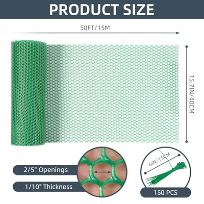 Plastic Wire Mesh Fence, 1.3ft x 50ft /15.7in x 600in Plastic Chicken Wire Fence Mesh Versatile Plastic Fencing Wire Netting Poultry Animal Barrier Fence with 150 Zip Ties for Garden & Farm, Green - color: Green