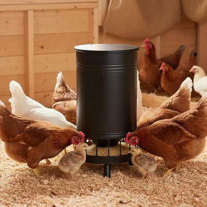 Solution4Patio 65 LB Large Chicken Feeder No-Waste, Portable Gravity Chicken Feeder Automatic, Dispenser, 16 Feeding Ports Poultry Feeder, Hen Coop (Black)