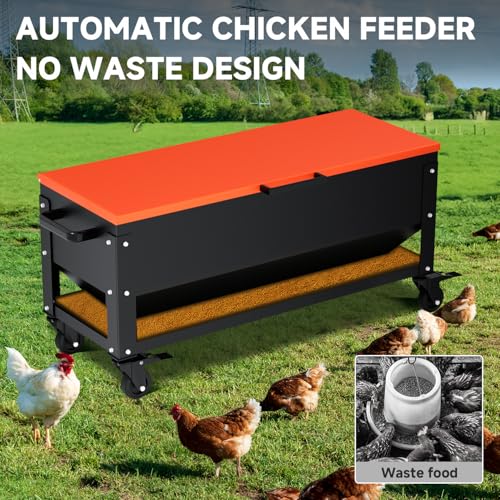 Heavy Duty Chicken Feeder 120 lbs Large Capacity, Metal Automatic Poultry Feeding Box with Waterproof Lid, Raised Standing Feeder with Wheels for Hens & Roosters, Portable & Easy to Move - color: Orange