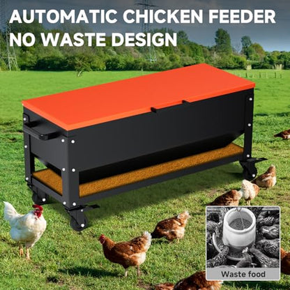 Heavy Duty Chicken Feeder 120 lbs Large Capacity, Metal Automatic Poultry Feeding Box with Waterproof Lid, Raised Standing Feeder with Wheels for Hens & Roosters, Portable & Easy to Move - color: Orange
