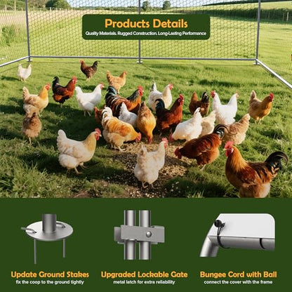 Metal Chicken Coop with Cover for Yard Large Walk-in Chicken Runs for 20 Chickens with Galvanized Steel Frame for Outdoor Heavy Duty Spire Roof Poultry Cage for Hen Duck Rabbits Goose Puppy