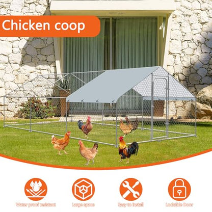 Outdoor Metal Chicken Coop Large Walk-in Poultry Cage Spire-Shaped Chicken Run with Waterproof and Anti-Ultraviolet Cover for Outside,Backyard and Farm,14.7' L*9.8' W*6.4' H - size: 14.7' L*9.8' W*6.4' H