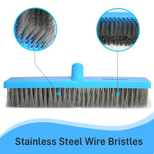 Stainless Steel Wire Broom Deck Scrubber Brush with 55” Adjustable Length Sturdy Long Handle, Stainless Steel Outdoor Broom for Cleaning Moss Concrete Floors Grout Gardens Patios