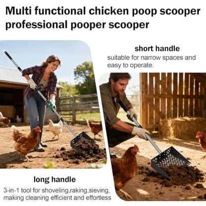 3-in-1 Heavy Duty Pooper Scooper, 23-76" Extra Long Adjustable Handle No Bend Back Pain Relief, 10" Stainless Steel Chicken Pooper Scooper Sifting Shovel Rake for Grass, Dirt, Gravel, Sand, Farm
