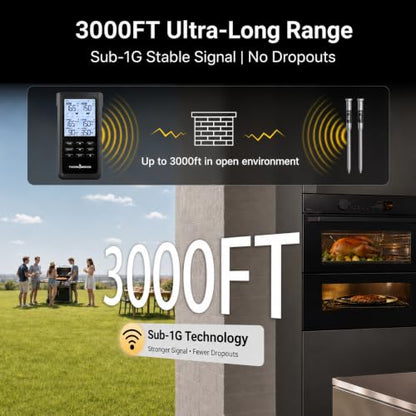 ThermoMaven Sub-1G Wireless Meat Thermometer, No App, 2 Ultra-Thin Probes | 3000FT Open Range, Standalone Base, 6 Sensor NIST Accuracy, IPX8 Waterproof, BBQ Smoker Grill Oven Brisket Steak Turkey Pork - color: Black