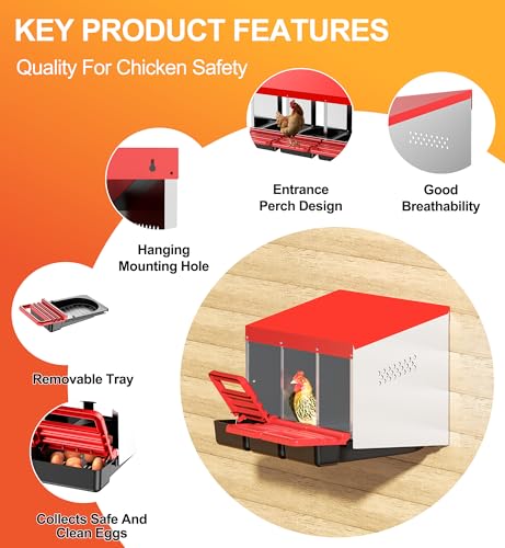 ZenxyHoC Chicken Nesting Boxes, Metal Chicken Egg Laying Box with Swing Perch and Rollout Egg Collection for Chicken Coop Red 3 Compartments - size: 3 Compartments