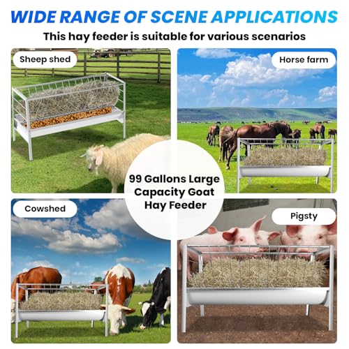 99 Gallon Goat Hay Feeder, 35.4" Height 65" Length Goat Feeder, Hay Rack Stainless Steel Hay and Grain in One, Hand-Powered Feeding Station for Goats, Sheep, Horses