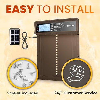 Okkobi Automatic Chicken Coop Door Solar Powered - LCD Display - Light Sensor & Timer - Security & Peace of Mind: Anti-Pinch Function - 5-Year Protection - Dark Brown - color: Dark Brown