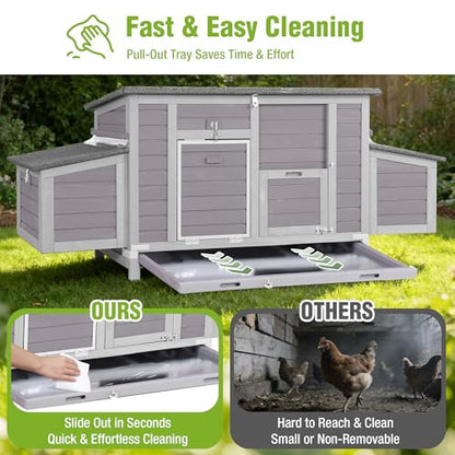 GUTINNEEN Large Chicken Coop for 4-6 Chickens with Nesting Box, Predator Proof Outdoor Hen House, Reinforced Frame, Waterproof Asphalt Roof, Easy Clean Pull-Out Tray, Ventilated Design - size: 70.6"L x 25"W x 28"H