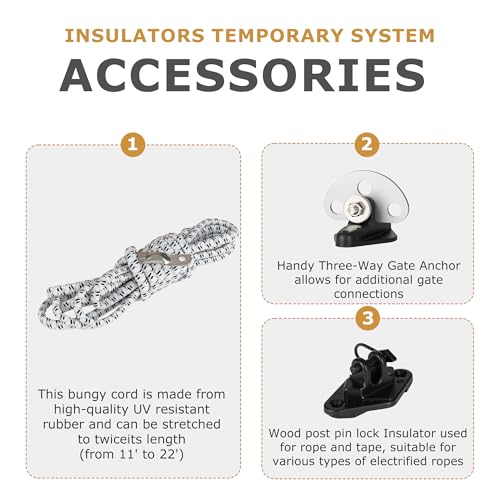 Electric Fence Bungy Gate Kit, Electrified Bungee Gate Handle with Elasticized Rope for Livestock, Insulators Temporary System, Easy Installation