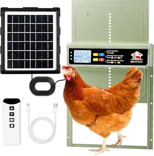 Automatic Chicken Door, Solar Powered Chicken Coop Door, 4 Auto Modes, Timer, Remote Control, Light Sensor, LCD Display, Aluminum Alloy, Weatherproof Anti-Pinch, Wide Green Door - color: Green
