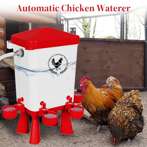 Chicken Waterer, 3 Gallons Automatic Chicken Waterers with 5ft Pipe, Float Controlled Automatic Poultry Water Feeder, 5 Chicken Waterer Cups (Red, 3 Gallons) - color: Red