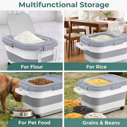 Home & Hearthly Collapsible Rice Storage Container 25–35 lbs, Airtight, Space-Saving Food Storage Bin with Wheels and Measuring Cup, Easy-Pour Grain Dispenser for Rice, Flour and Pet Food