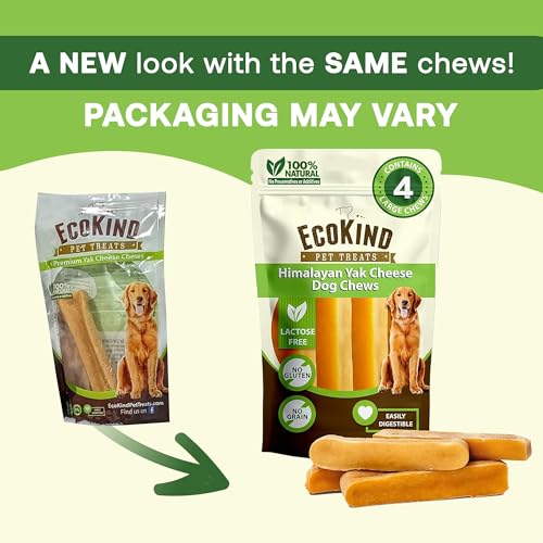 EcoKind Yak Cheese Himalayan Dog Chews, Yak Chews for Large Dogs, Long Lasting Bone for Aggressive Chewers, 3 Ingredients, Natural High Protein Treats, No Additives, Lactose Free, Large 1lb, 4-5 Chews