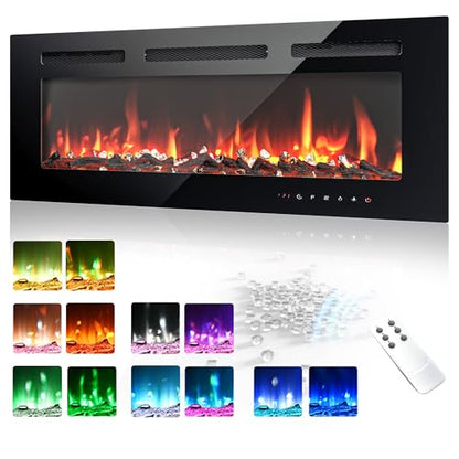 EUHOMY 36 Inch Electric Fireplace Wall Recessed and Wall Mounted with Adjustable Flame Color, Fireplace Heater with Remote Control, Linear Fireplace with Timer, Touch Screen, Log & Crystal, 750/1500W - size: 36 Inch