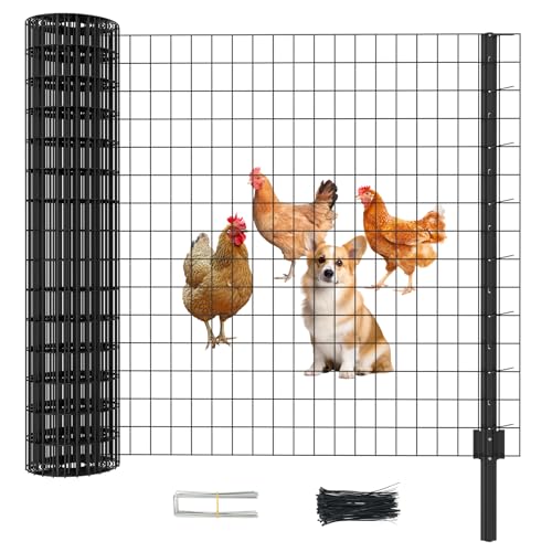 SUNYRISY Welded Chicken Wire Fencing Mesh, 35in x 50ft Metal Garden Fence Netting Animal Barrier with 5 Steel Stakes, Temporary Fencing for Backyard Dog Poultry Pet Protection, Black - color: Black, size: 35in x 50ft