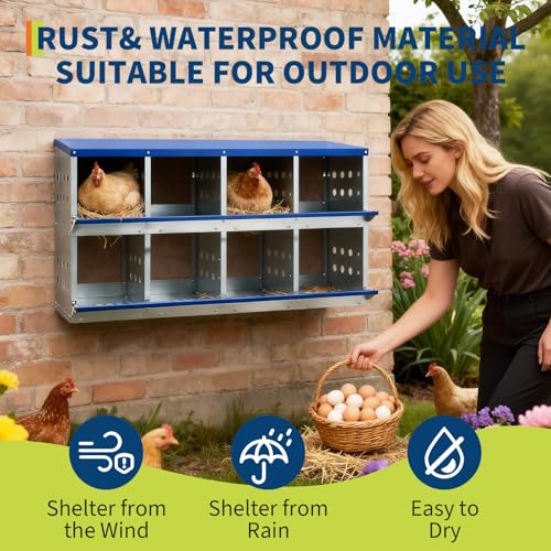 Chicken Nesting Box, 8 Compartment Nesting Boxes for Chickens, Durable Galvanized Steel, Ventilated with Dot Holes, Non-Slip, Wall Mountable Nesting Boxes for Chicken, Partitioned Design, Blue - size: 8 Compartment