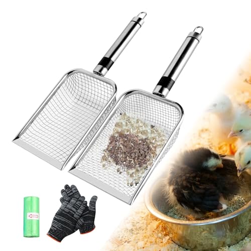 Chicken Poop Scooper for Coop, Coop Rake Scooper Shovel, 2 Pack | 3.8mm & 5mm Mesh, Equipped with Gloves and Garbage Bags, for Sifting Sand, Litte, Stainless Steel