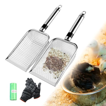 Chicken Poop Scooper for Coop, Coop Rake Scooper Shovel, 2 Pack | 3.8mm & 5mm Mesh, Equipped with Gloves and Garbage Bags, for Sifting Sand, Litte, Stainless Steel
