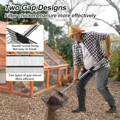 15 inch Large Chicken Poop Scooper for Poop With Glove 4 in 1 Multi-Func Heavy Duty Metal 25 to 74” Long Handle Chicken Coop Scoop Scooper for Sand Sifting Shovel for Chicken Coop Rake Cleaning Tools