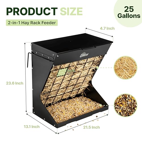 Wall Mount Hay Rack And Hay Feeder For Goats Sheep And Horses, Covered Galvanized Steel Goat Hay Feeder With Hinged Roof, 25 Gallon 2-In-1 No Waste Hanging Holder Grain Bin with hook For Cattle - color: Black