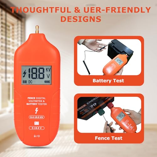 Electric Fence Tester Fault Finder Digital Electric Fence Voltage Tester Max 19.9kv, Fence Voltage Tester with Large LCD Display, Grounding & 1.5V Battery Included