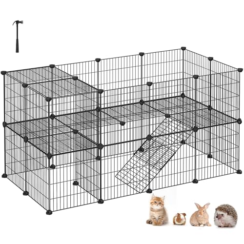 SONGMICS Pet Playpen, Small Animal Playpen, Rabbit Guinea Pig Cage, Zip Ties Included, Metal Wire Apartment-Style Two-Story Pet Premium Villa for Bunnies Puppies, Indoor Use, Black ULPI02H - color: Black, size: 56.3"L x 28.7"W x 28"H