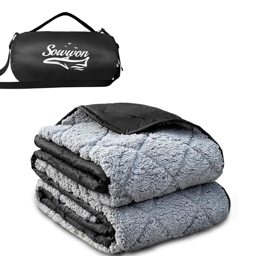 Waterproof Outdoor Blanket 62"x51" Sherpa Fleece 300GSM Black | Stadium Blankets for Camping, Packable, Windproof Emergency Throw for Grass Picnic Hiking Road Trip, Machine Washable - color: Sherpa Black-300 Gsm, size: 62"x 51"