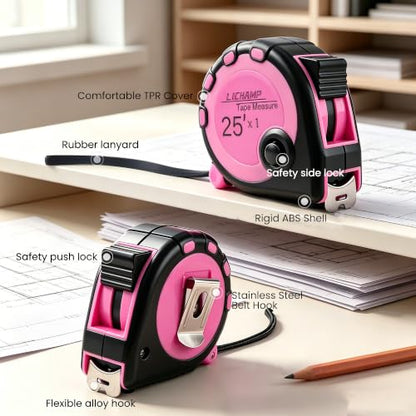 Lichamp Pink Tape Measure 4 Pack, with Soft Tape Measures, 10ft x 5/8in, 16ft x 3/4in, 25ft x 1in, 04MXPK