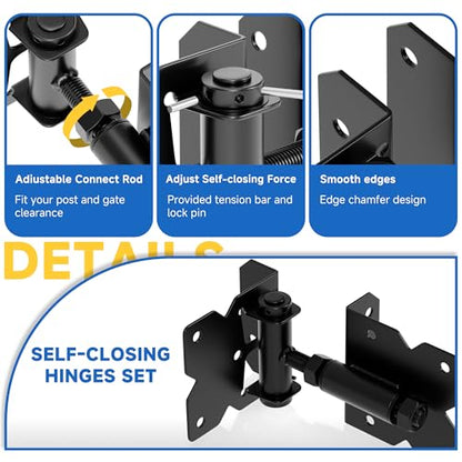 Self Closing Gate Hinge and Latch, Heavy Duty Self Locking Gate Hardware Kit for Wooden/Vinyl/PVC Fence Gate, Adjustable Gate Hinges and Post Mount Gate Latch, 2 Gate Latch 4 Gate Hinges