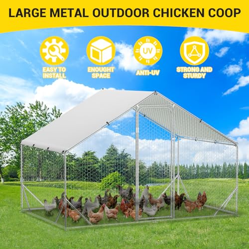 Garvee Large Chicken Coop, Metal Chicken Coop with Anti-UV & Waterproof Cover, Spire Roof Walk in Poultry Cage, for Backyard and Farm Use, 9.8 ft x 6.5 ft x 6.5 ft